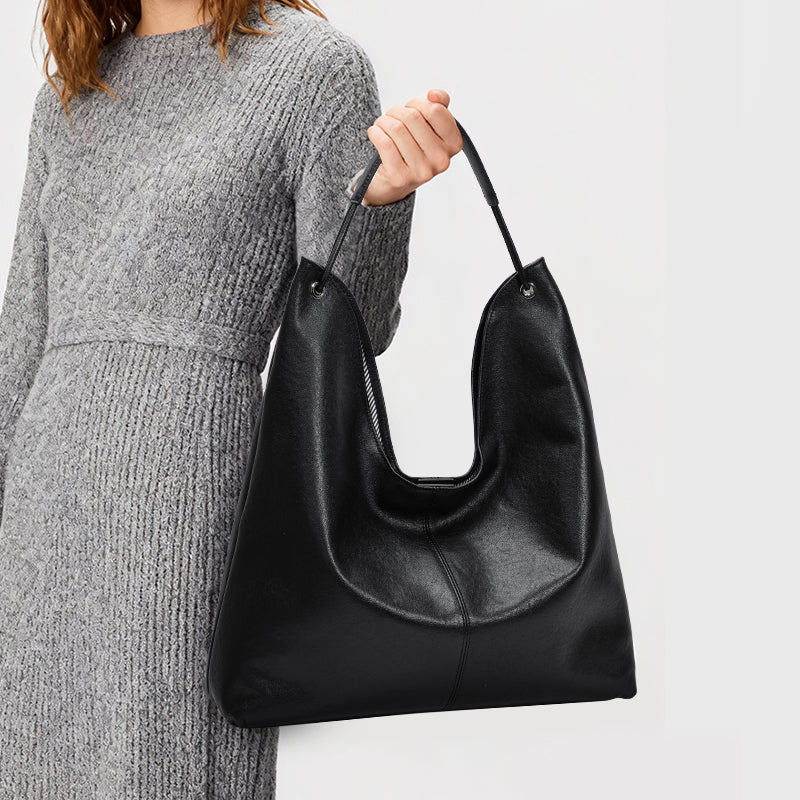 Genuine Cowhide Womens Bag,Grain Soft U Shape Tote,Detachable Storage Pouch,Multi Compartment Large Commuter Shoulder Handbag