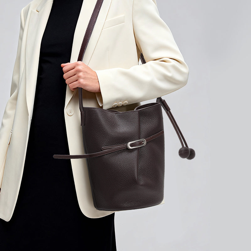 Genuine Cowhide Womens Bag,Pebbled Vertical Bucket Shoulder Bag,Drawstring Decor Matching Fabric Pouch Minimalist Crossbody Purse