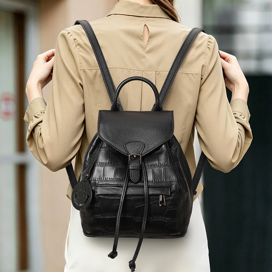 Genuine Cowhide Women's Backpack, Crocodile Embossed Drawstring Daypack, Flap Buckle Multi-Pocket Travel Shoulder Bag