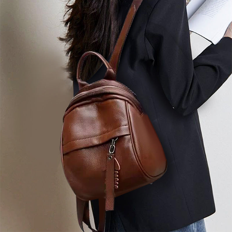 Genuine Cowhide,Pebble Grain,Mini Round Backpack,Women Anti Theft Multi Function Bag,Dual Shoulder Carry,Cross Carry,Daily Shopping,Short Trip