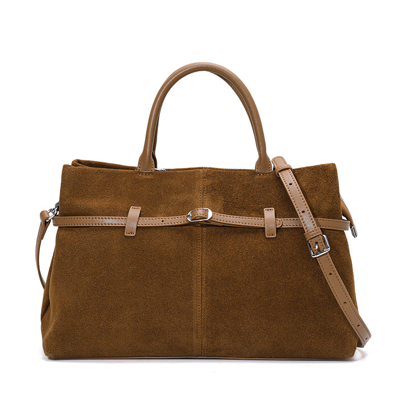 Genuine Cowhide Womens Bag,Matte Suede Soft Rectangular Tote,Detachable Adjustable Strap Commute Handbag