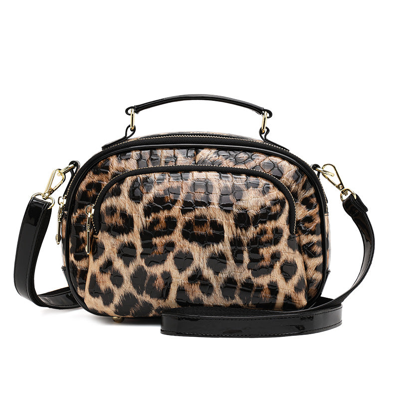Top Layer Cowhide Women Crossbody Bag,Glossy Croc Leopard Print Oval Camera Bag Wide Adjustable Strap Multi Pocket