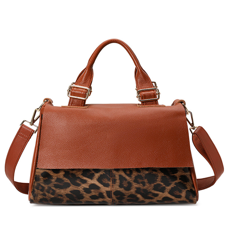 Genuine Cowhide Women's Shoulder Bag, Pebble Leopard Grain Flap Pillow Handbag, Adjustable Strap, Multi-Layer Inner Pockets