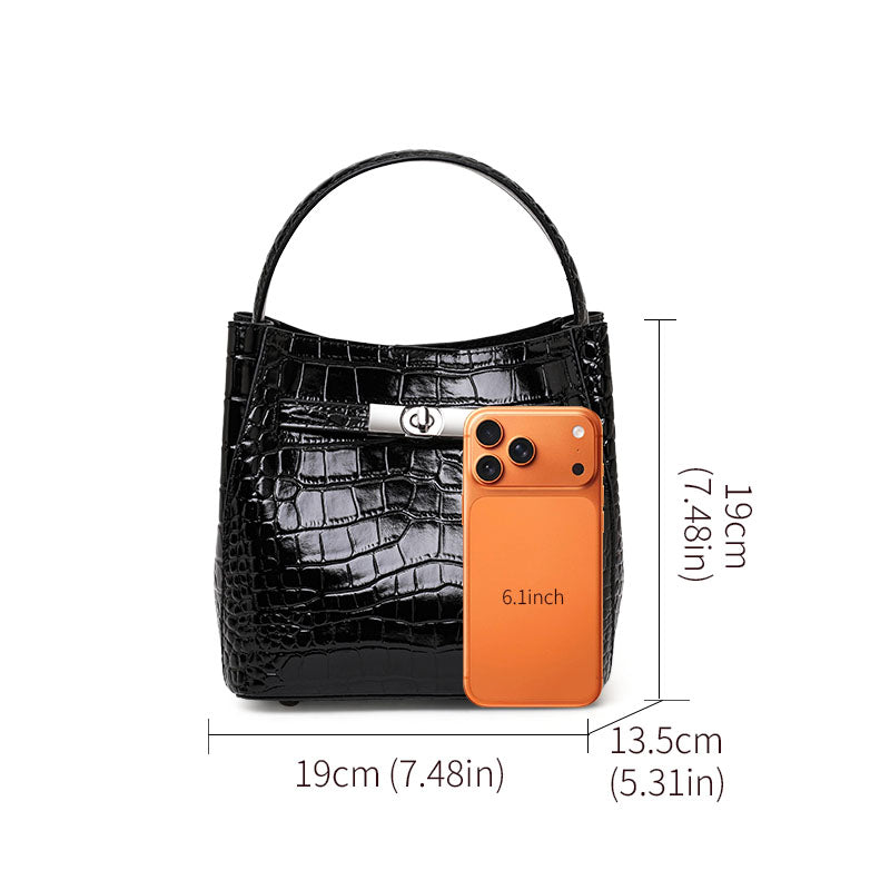 Genuine Cowhide,Crocodile Glossy Grain,Bucket Bag,Women Convertible Crossbody Bag,Hand Carry,Cross Shoulder Carry,Daily Commute,Short Travel