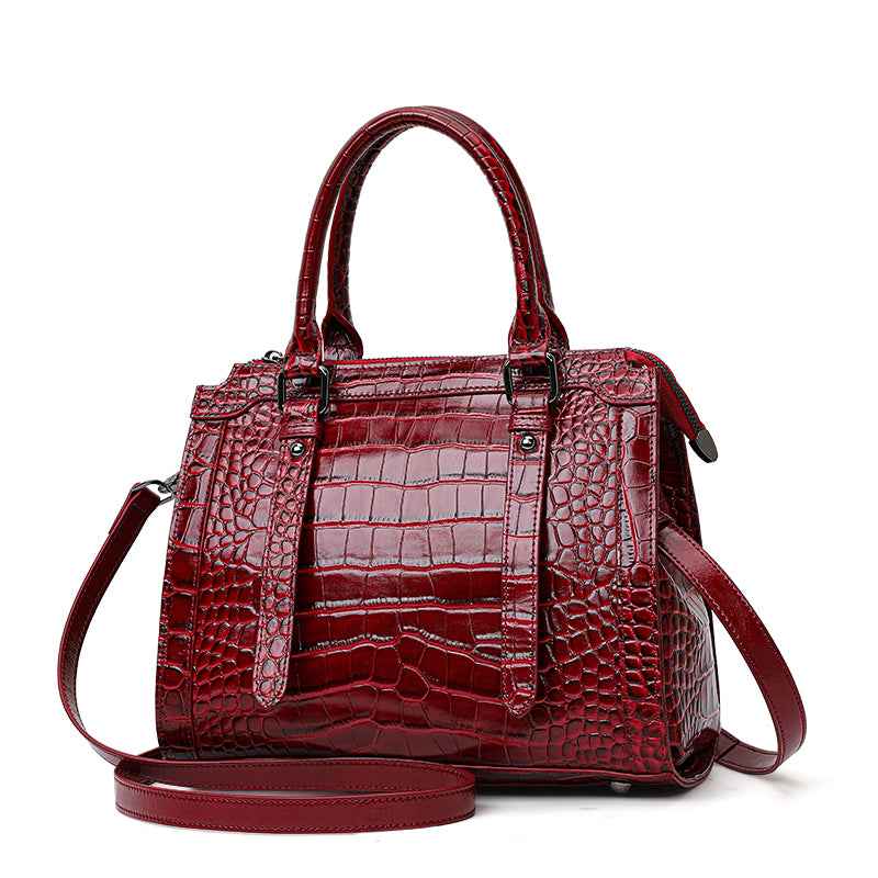 Genuine Cowhide Womens Bag,Glossy Croc Embossed Structured Tote,Detachable Shoulder Strap Large Business Handbag
