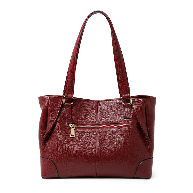 Genuine Cowhide Pebbled Leather Womens Large Capacity Tote Bag,Wine Red Multi Compartment Adjustable Single Shoulder Handbag