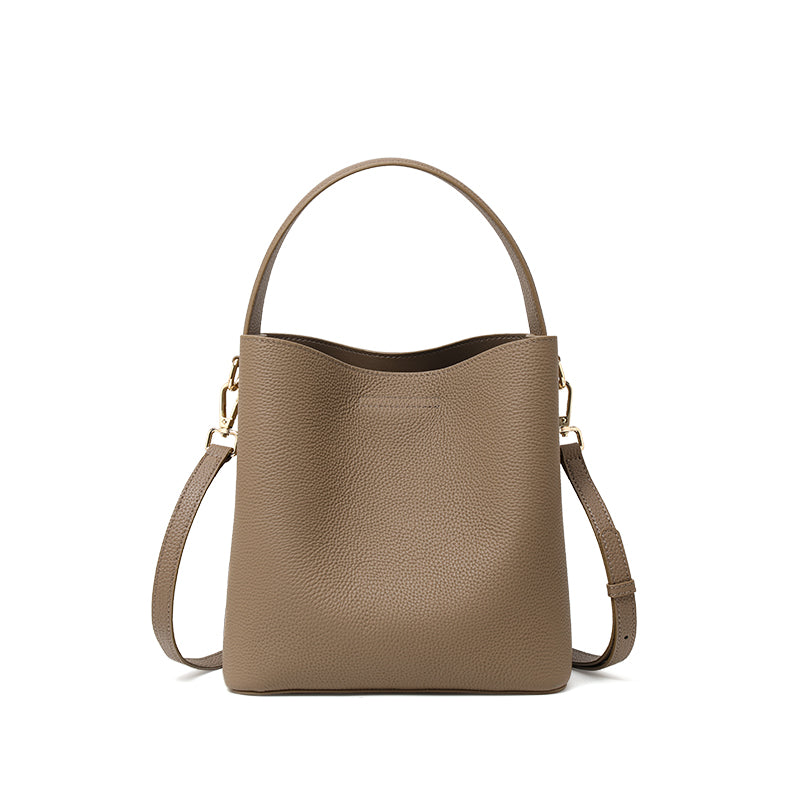 Genuine Cowhide Lightweight Bucket Handbag,Detachable Wide Narrow Straps Twist Lock Simple Everyday Womens Handheld Shoulder Crossbody Bag