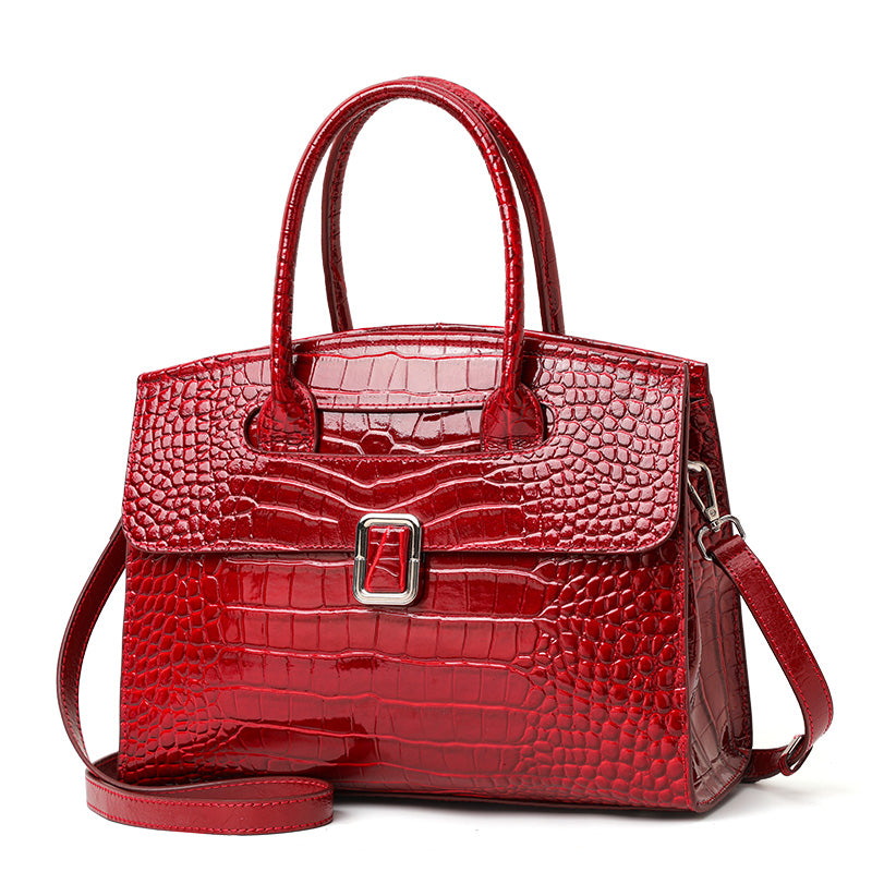 Genuine Cowhide,Glossy Crocodile Grain,Flap Tote Bag,Women Convertible Work Bag,Hand Carry,Cross Shoulder Carry,Office Commute,Business Trip