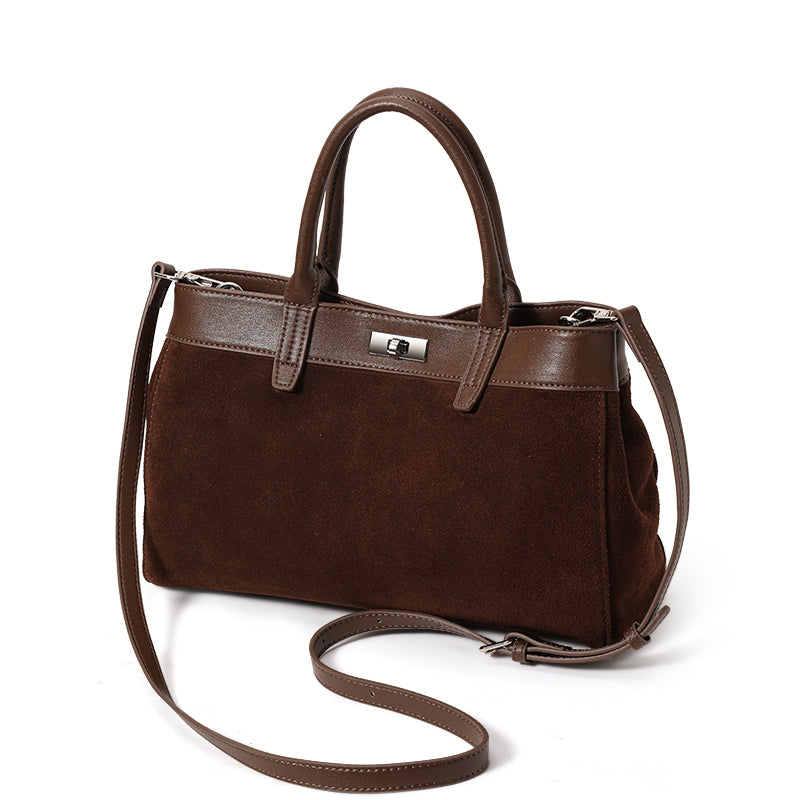 Genuine Cowhide,Suede Mix Grain,Lock Handbag,Vintage Adjustable Crossbody Bag,Hand Shoulder Carry,Daily Leisure Trip