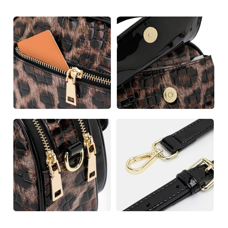 Genuine Cowhide Crocodile Leopard Print Womens Mini Oval Handbag,Glossy Multi Compartment Adjustable Crossbody Shoulder Bag