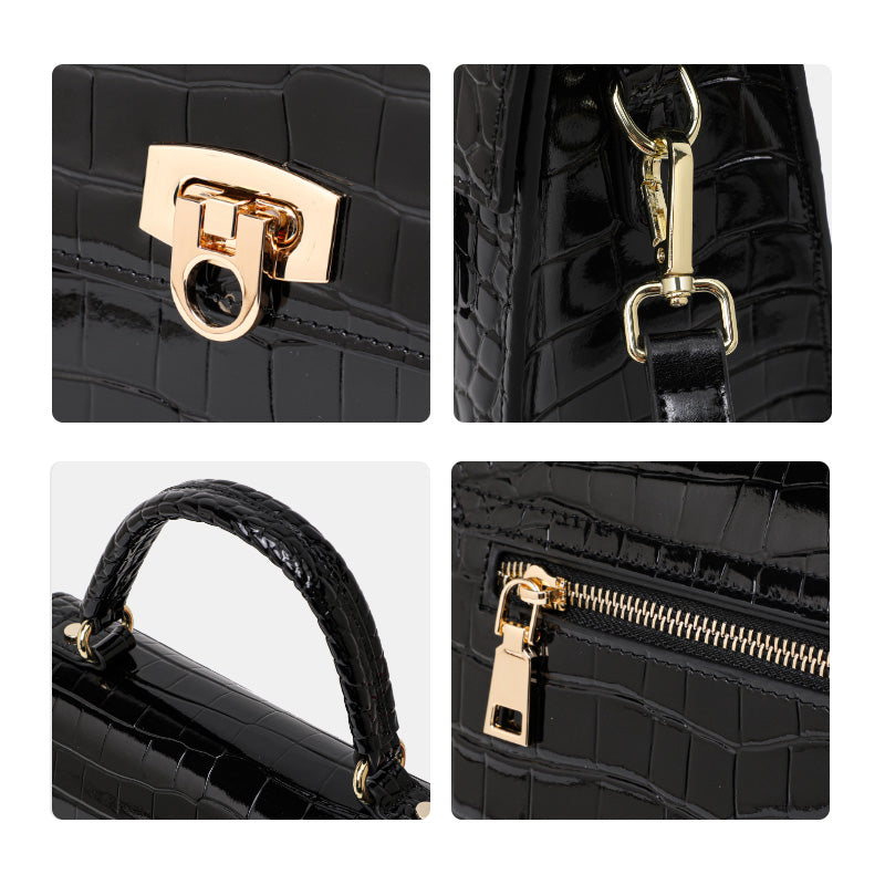 Genuine Cowhide Glossy Crocodile Embossed Flap Handbag,Detachable Crossbody Strap Twist Lock Multi Compartment Womens Two Way Carry Square Purse