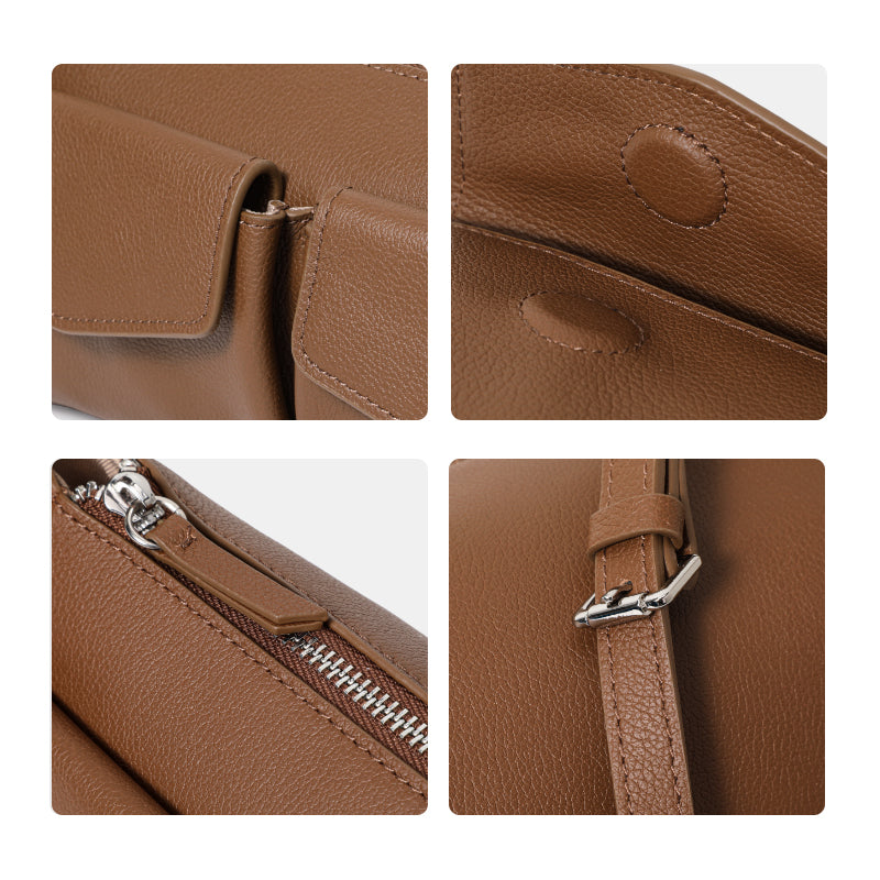 Genuine Cowhide Textured Rectangle Shoulder Bag Women,Adjustable Leather Crossbody Strap Multi Pocket Lightweight Office Handbag