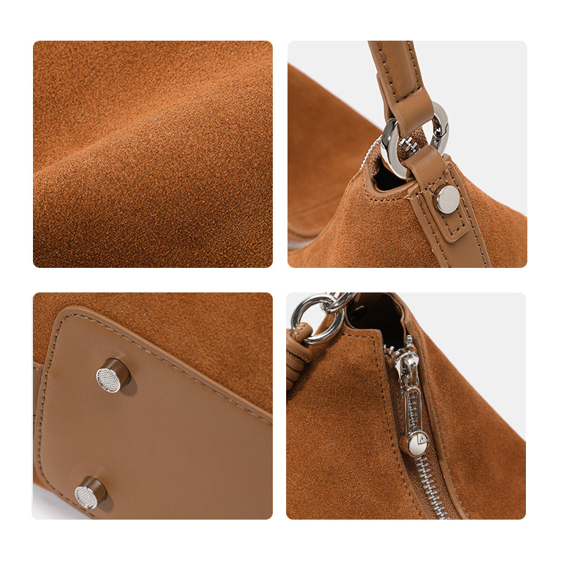 Genuine Cowhide Womens Bag,Matte Suede Crescent Hobo,Detachable Adjustable Strap,Tassel Decor Underarm Shoulder Handbag