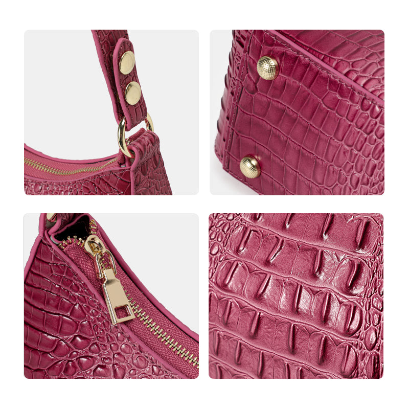 Genuine Cowhide Womens Shoulder Underarm Bag,Matte Crocodile Embossed Crescent Purse,Adjustable Strap Daily Commute Handbag