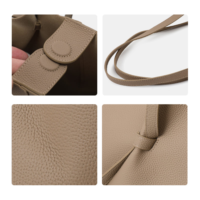 Genuine Cowhide Womens Shoulder Tote Bag,Pebbled Fan Shaped 子母 Purse,Apricot Large Capacity Commute Handbag With Drawstring Inner Pouch