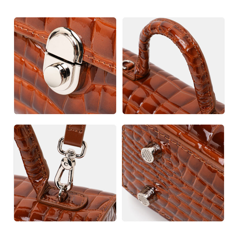 Genuine Cowhide Womens Handbag,Glossy Crocodile Embossed Mini Box Bag,Flip Lock Detachable Strap Crossbody Purse
