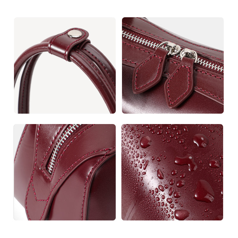 Genuine Cowhide Womens Underarm Shoulder Bag,Smooth Glossy Barrel Handbag,Burgundy Vintage Commute Cylinder Purse