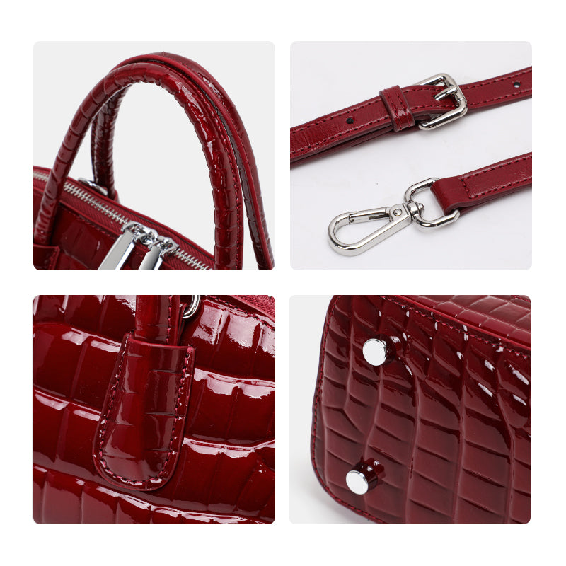 Genuine Cowhide Womens Handheld Crossbody Bag,Glossy Crocodile Embossed Shell Purse,Detachable Strap Vintage Evening Handbag