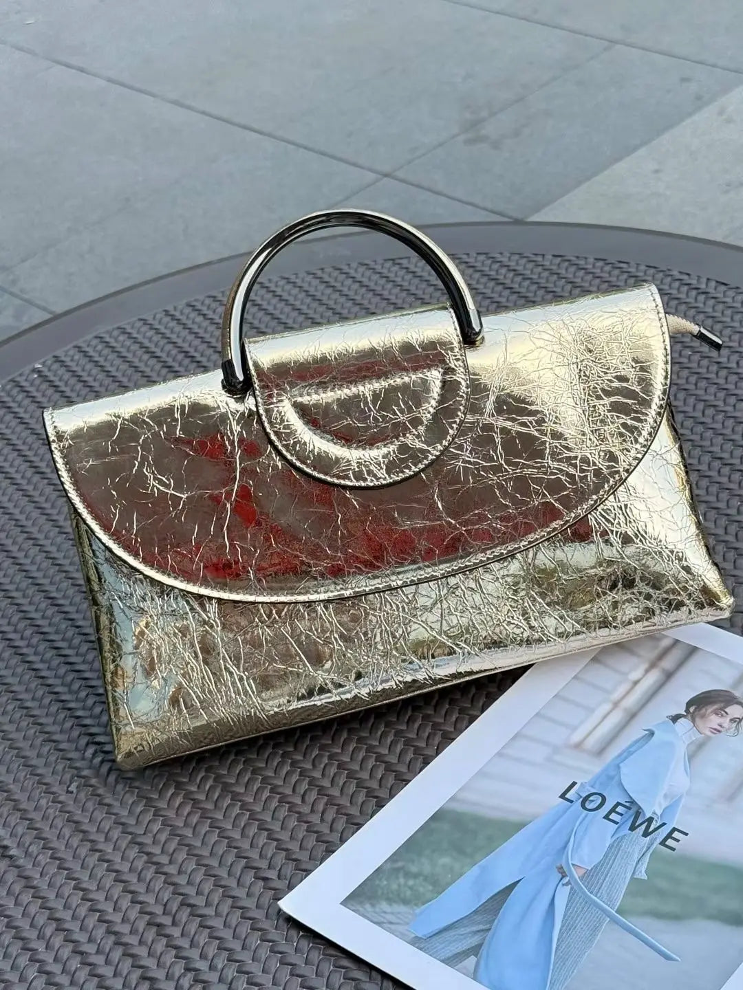 Genuine Cowhide Women Clutch Bag, Glossy Crinkled Leather with Metal Ring Top Handle, Aidrani Elegant Evening Shoulder Purse