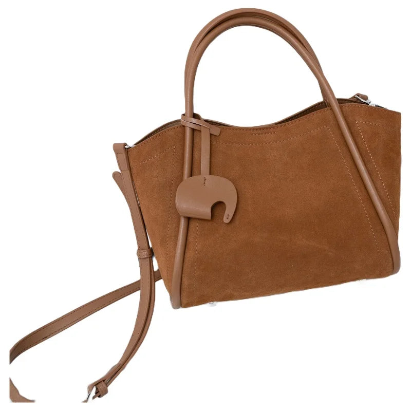 Genuine Top Layer Cowhide Suede Winged Tote Bag, Aidrani Retro Top Handle Handbag,Women Purse with Crossbody Strap for Daily Use