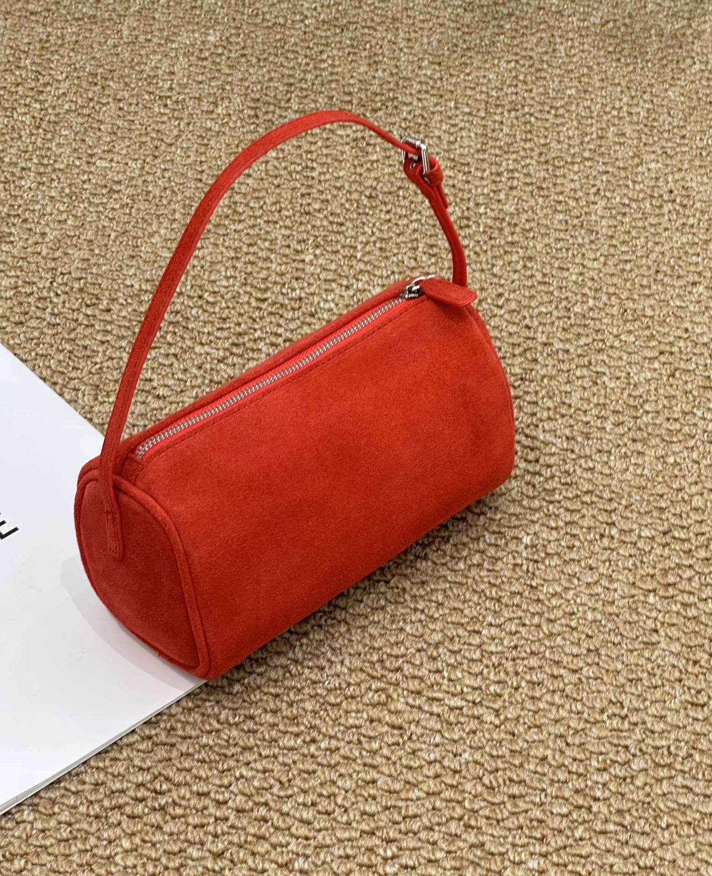 Genuine Cowhide Womens Bag,Suede Cylindrical Mini Underarm Purse,Adjustable Strap Vintage Daily Crossbody Shoulder Bag