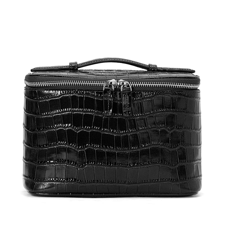 Genuine Cowhide Womens Cosmetic Case,Crocodile Embossed Structured Handheld Multi Compartment Travel Makeup Organizer
