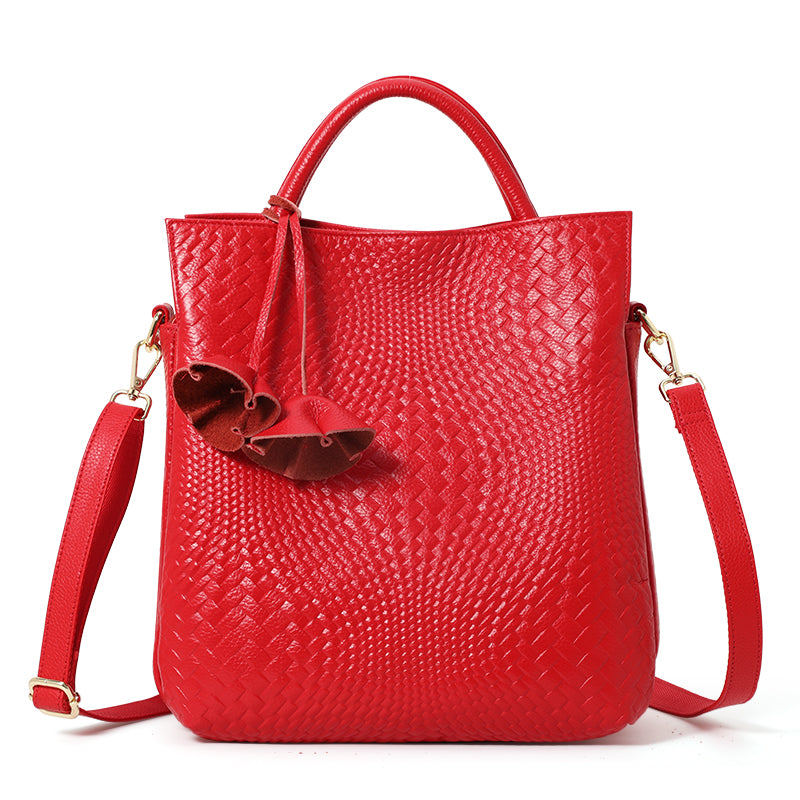 Genuine Cowhide Womens Woven Tote Handbag,Multi Color Vertical Shoulder Purse,Detachable Crossbody Strap Large Capacity Daily Bag