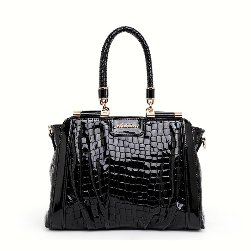 Genuine Cowhide Glossy Crocodile Embossed Womens Doctor Handbag,Black Multi Compartment Detachable Chain Single Shoulder Bag