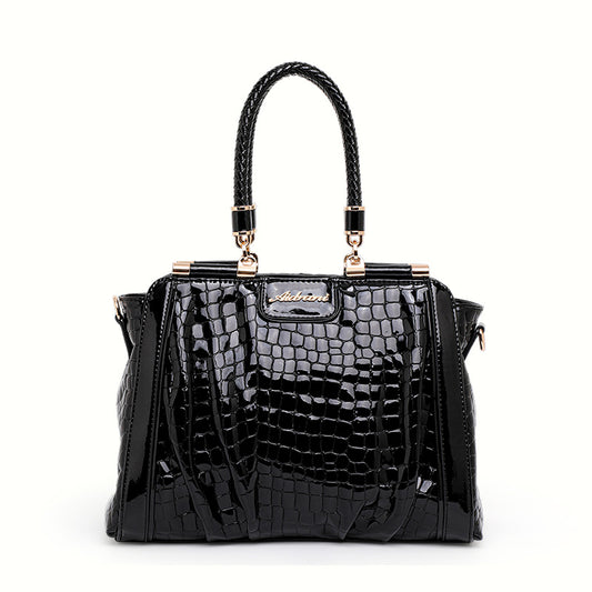 Genuine Cowhide Glossy Crocodile Embossed Womens Doctor Handbag,Black Multi Compartment Detachable Chain Single Shoulder Bag