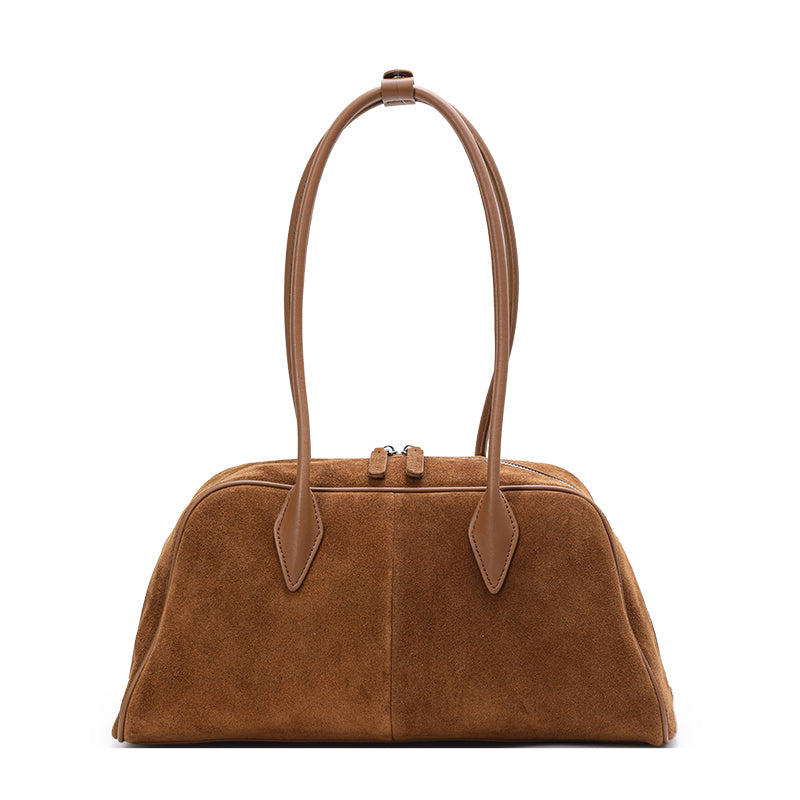 Genuine Suede Cowhide Womens Shoulder Bag,Long Pillow Underarm Tote,Retro Large Capacity Handheld Purse