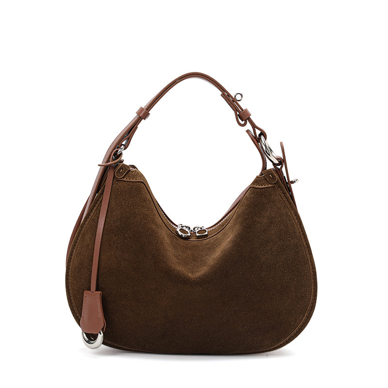 Genuine Suede Cowhide Womens Hobo Bag,Crescent Underarm Purse,Adjustable Strap Vintage Daily Handheld Shoulder Bag