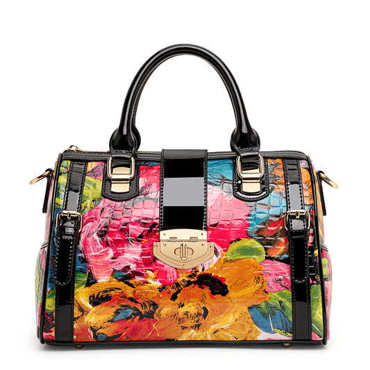Genuine Cowhide, Glossy Floral Crocodile Grain, Cylinder Handheld Bag, Art Floral Women's Convertible Bag, Hand Carry, Crossbody Carry, Daily Commute, Party Travel