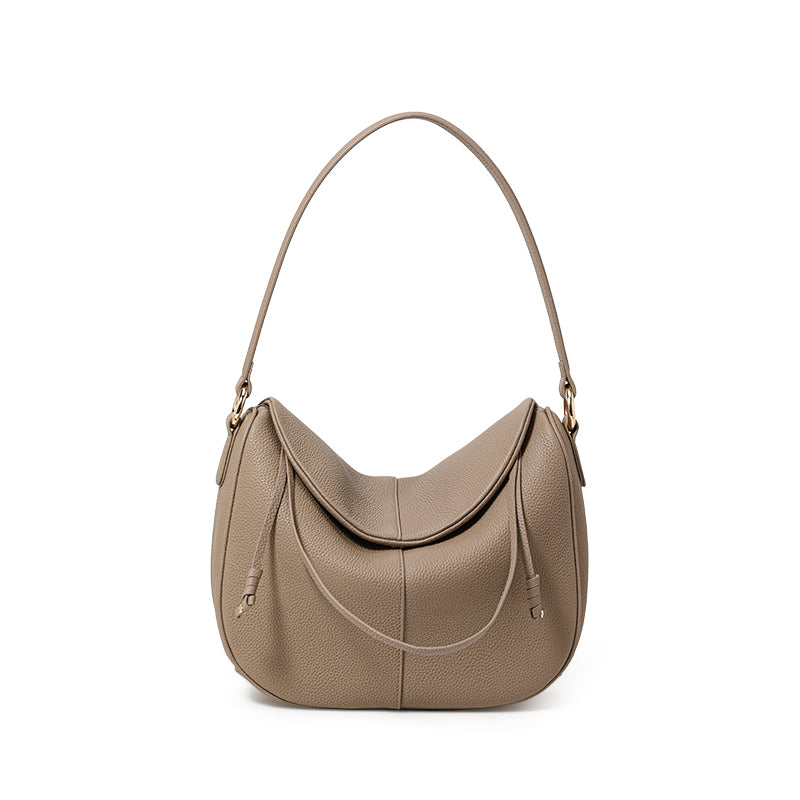 Genuine Cowhide Pebbled Crescent Hobo Shoulder Bag,Detachable Adjustable Cross Strap Magnetic Flap Multi Compartment Womens Two Way Carry Purse