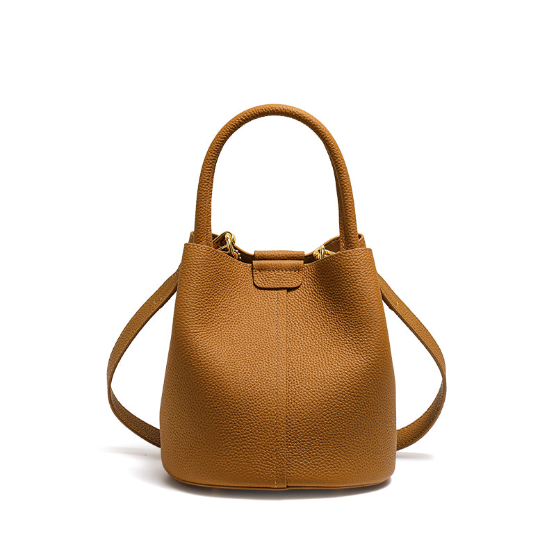 Genuine Cowhide Womens Bucket Handbag,Pebbled Grain Crossbody Purse,Adjustable Strap Mini Bag With Matching Coin Pouch