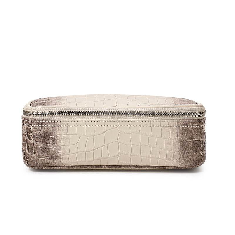 Genuine Cowhide Womens Makeup Bag,Crocodile Embossed Portable Cosmetic Pouch,Mini Travel Skincare Storage Case