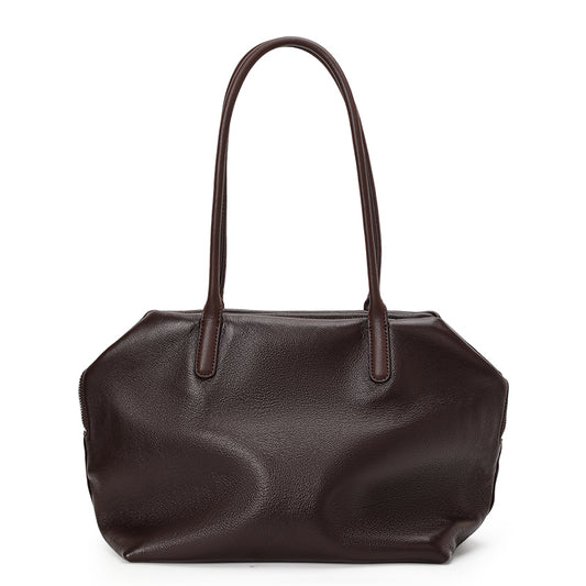 Genuine Leather Women's Handheld Tote, Pebbled Grain Large Capacity Shoulder Bag, Multi-Compartment Daily Commute Handbag