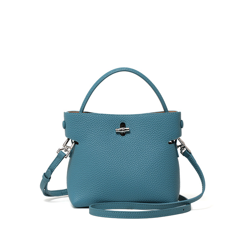 Genuine Cowhide Pebbled Mini Bucket Handbag,Detachable Adjustable Crossbody Strap Twist Lock Multi Compartment Womens Two Way Carry Purse