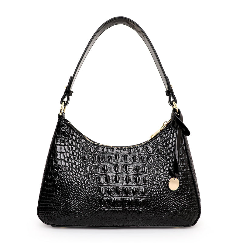 Genuine Cowhide Womens Shoulder Underarm Bag,Matte Crocodile Embossed Crescent Purse,Adjustable Strap Daily Commute Handbag