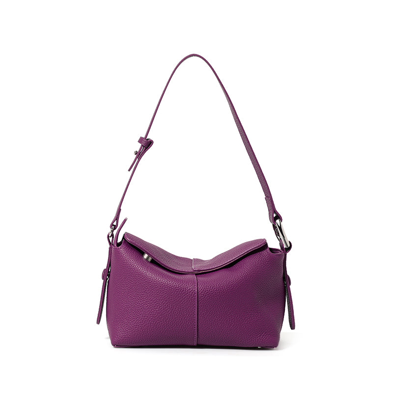 Genuine Cowhide Pebbled Horizontal Hobo Shoulder Bag,Adjustable Strap Extension Magnetic Flap Multi Compartment Womens Two Way Carry Purse