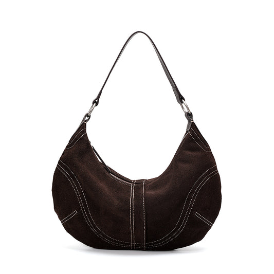 Genuine Suede Cowhide Women's Crescent Hobo Bag, Handheld Underarm Purse, Adjustable Strap Coffee Shoulder Bag