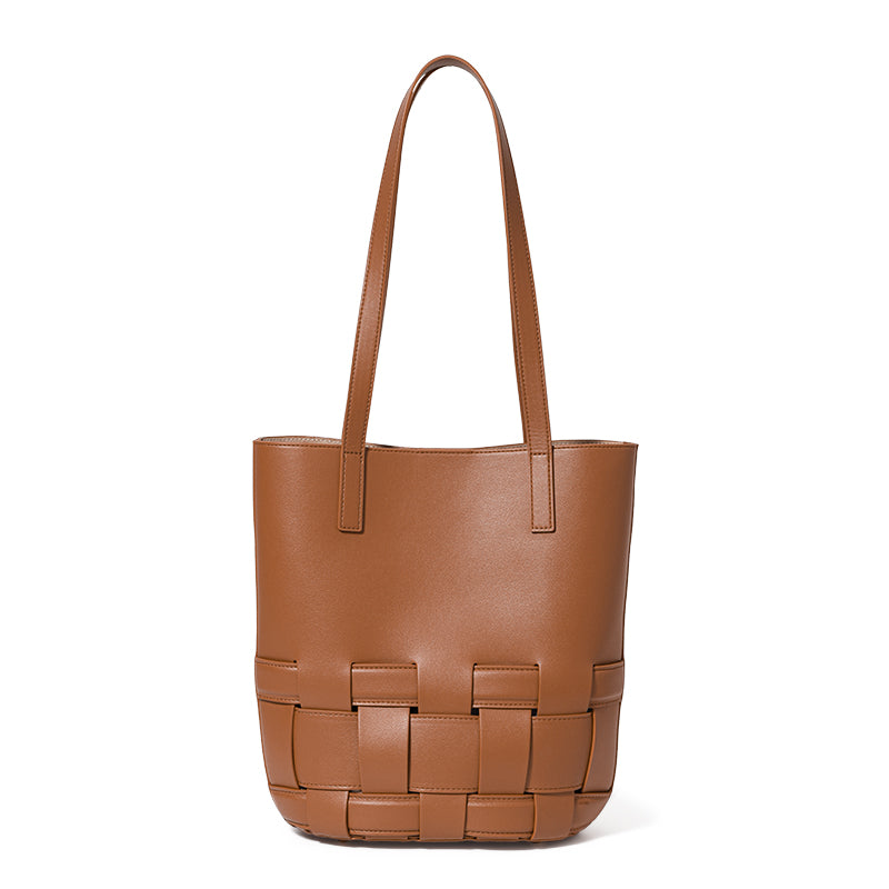 Genuine Cowhide Vertical Woven Bucket Tote Handbag,Detachable Zipper Storage Pouch Multi Layer Pocket Magnetic Snap Womens Daily Commute Shoulder Purse