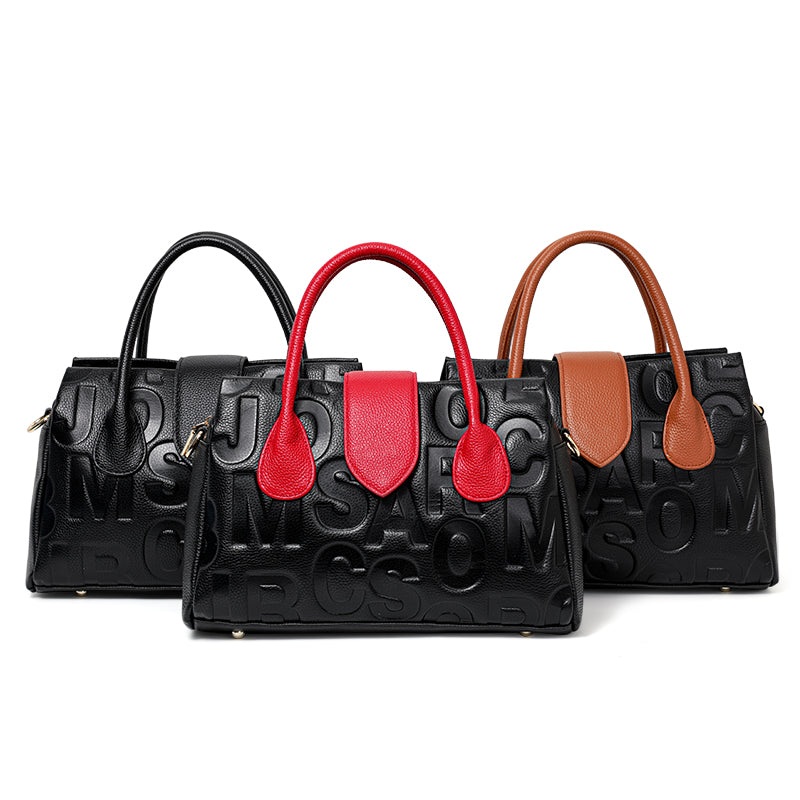 Genuine Cowhide Embossed Letter Color Block Womens Structured Pillow Handbag,Pebbled Multi Compartment Adjustable Crossbody Shoulder Bag