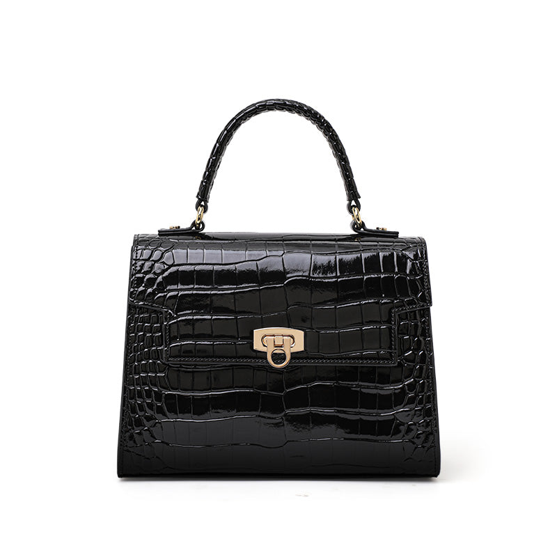 Genuine Cowhide Glossy Crocodile Embossed Flap Handbag,Detachable Crossbody Strap Twist Lock Multi Compartment Womens Two Way Carry Square Purse