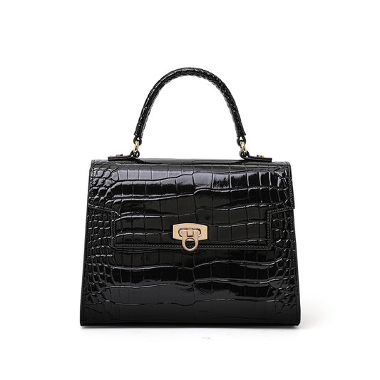 Genuine Cowhide Glossy Crocodile Embossed Flap Handbag,Detachable Crossbody Strap Twist Lock Multi Compartment Womens Two Way Carry Square Purse