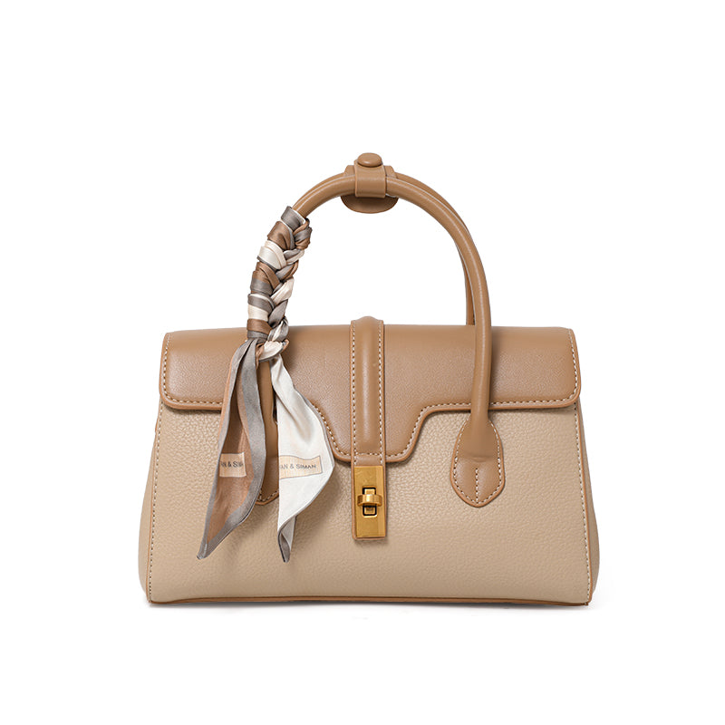 Genuine Cowhide Two Tone Pebbled Flap Handbag,Detachable Adjustable Crossbody Strap Twist Lock Multi Compartment Womens Two Way Carry Purse