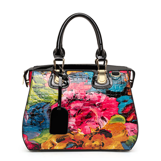 Genuine Cowhide,Glossy Floral Crocodile Grain,Top Handle Satchel Bag,Vintage Women Convertible Handbag,Hand Carry,Cross Shoulder Carry,Daily Commute,Short Travel