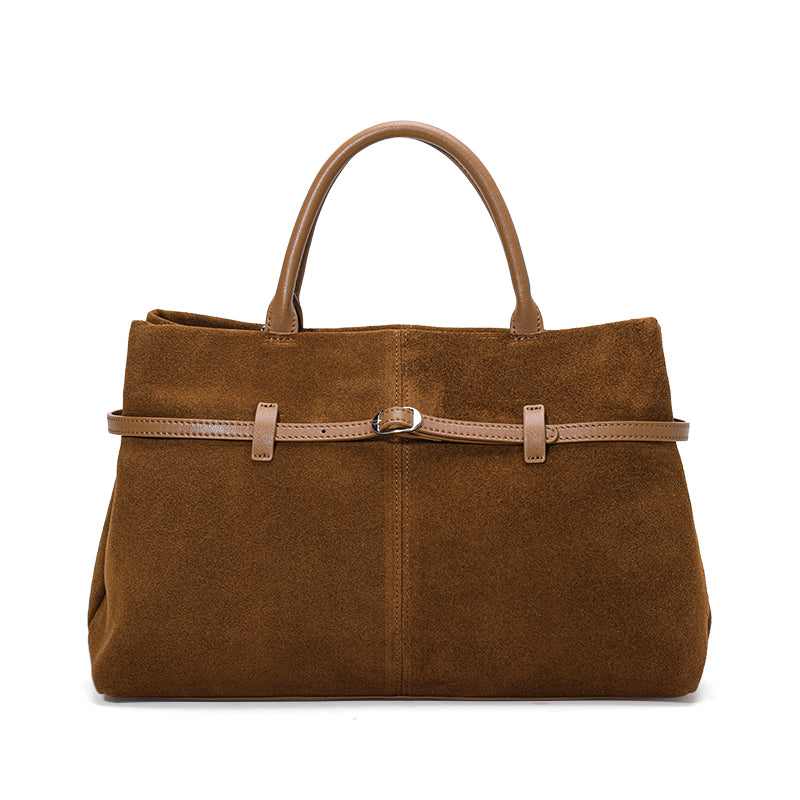 Genuine Cowhide Womens Bag,Matte Suede Soft Rectangular Tote,Detachable Adjustable Strap Commute Handbag