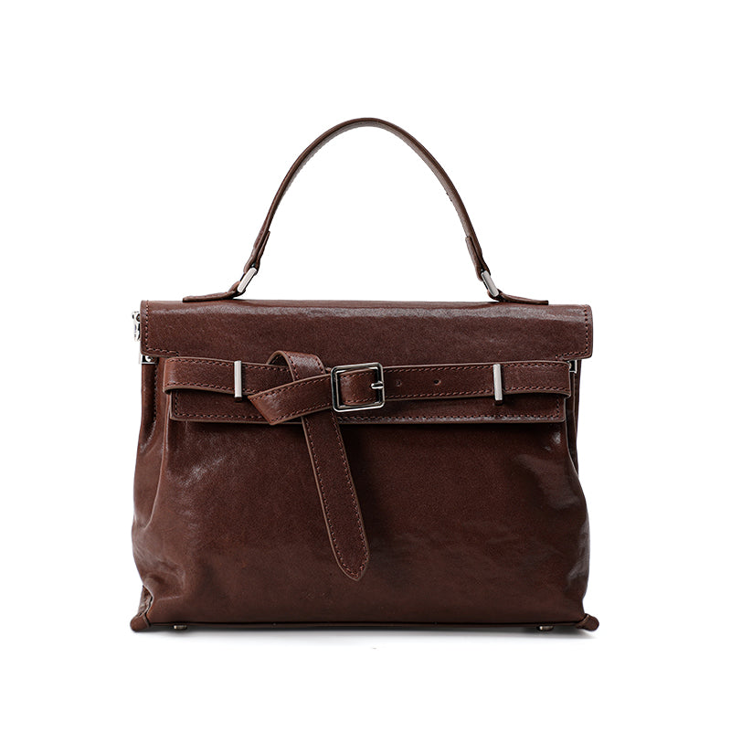 Genuine Cowhide Womens Flap Handbag,Waxed Crinkle Multi Compartment Satchel,Detachable Strap Crossbody Shoulder Bag