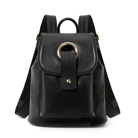 Genuine Cowhide, Pebble Grain, Flap Drawstring Backpack, Women Anti-Theft Convertible Bag, Dual Shoulder Carry, Cross-Body Carry, Daily Outing, Short Trip