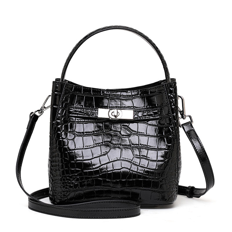 Genuine Cowhide,Crocodile Glossy Grain,Bucket Bag,Women Convertible Crossbody Bag,Hand Carry,Cross Shoulder Carry,Daily Commute,Short Travel